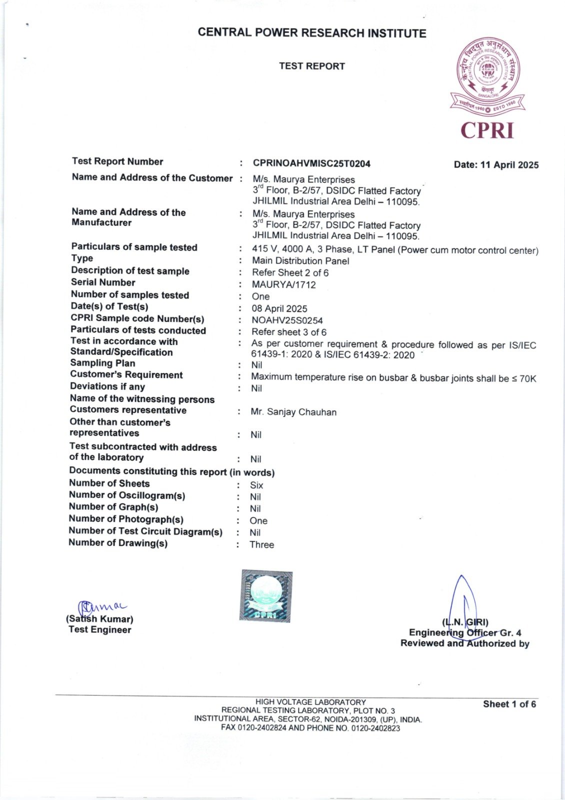 CPRI Test Report – LT Panel (415V, 4000A MCC Panel)