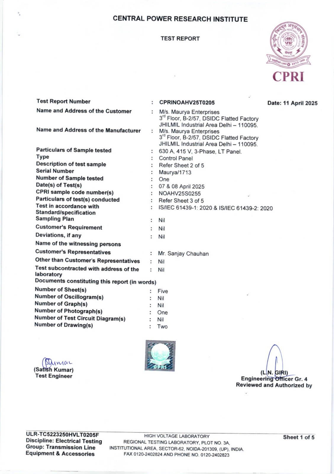 CPRI Test Report – Control Panel (630A, 415V)