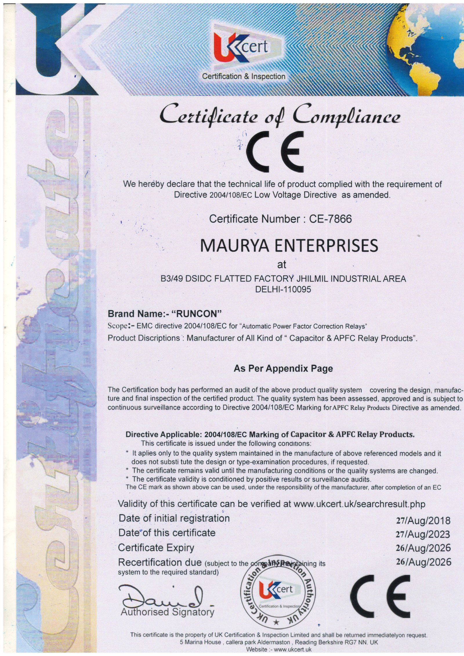 CE Certificate of Compliance (CE-7866)