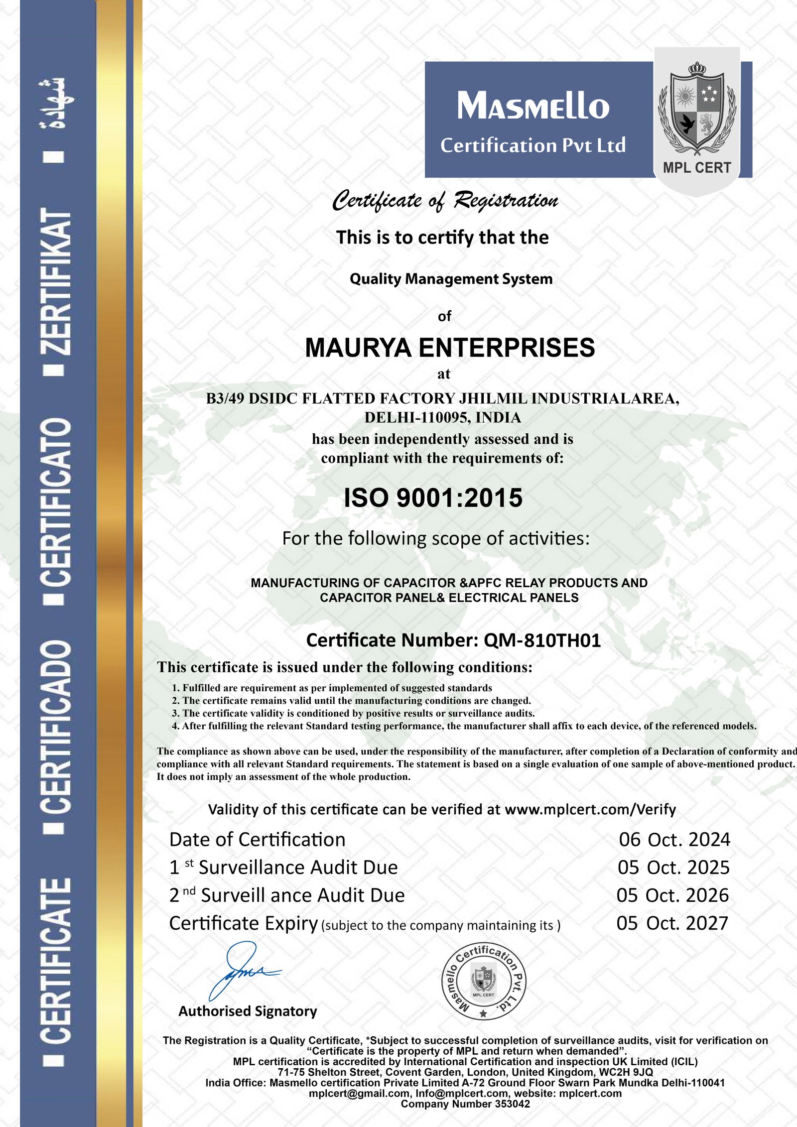 ISO 9001:2015 Quality Management System Certificate